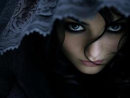 Mysterious woman with intense gaze under a lace veil photo