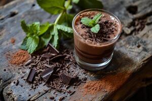 Delicious chocolate mousse with mint garnish on rustic wooden background photo