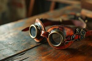 Vintage leather pilot goggles on a wooden surface photo