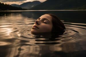 Serene Woman Floating in Calm Lake at Sunset photo