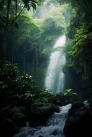 Majestic Waterfall in a Lush Green Forest photo