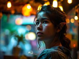 Young woman with elf ears in urban night setting photo