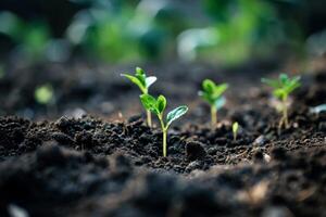 Young plant sprouting from soil with sunlight photo
