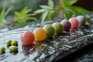 Assorted colorful mochi on a wet stone surface with green leaves in the background photo