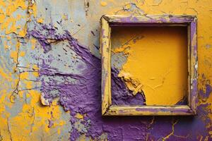 Old weathered picture frame on a colorful textured wall photo