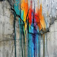 Colorful paint splatter on concrete wall photo