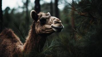 Close up of a camel among trees photo