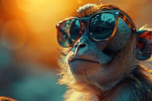 Stylish monkey wearing sunglasses with a sunset backdrop photo