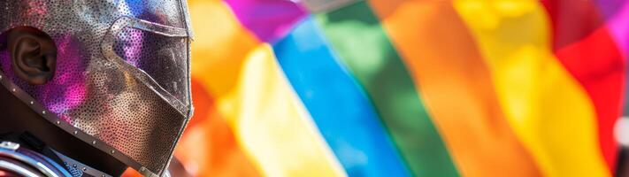 Person with a sparkling mask at a pride parade photo