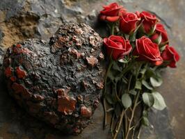 Romantic concept with heart shaped object and red roses photo