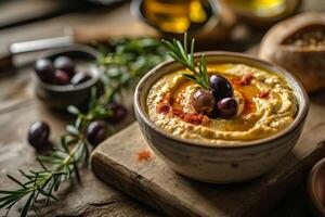 Fresh Homemade Hummus Topped with Olives and Paprika photo