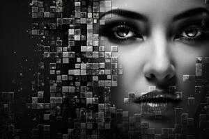 Abstract portrait of a woman with digital pixel dispersion effect photo