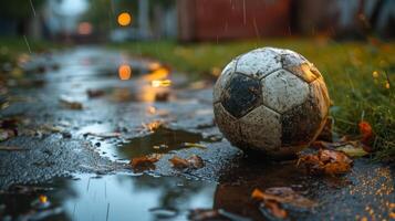 Soccer ball on a wet street with autumn leaves photo