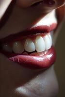 Close up of a womans smile with healthy teeth photo