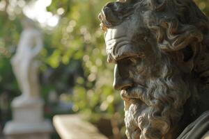 Close up of a Stone Lion Sculpture in a Garden photo