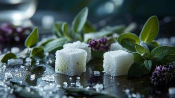 Fresh herbs and sugar cubes on a dewy surface photo
