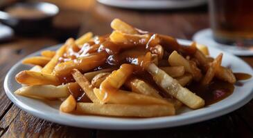 Delicious Poutine Dish on a Wooden Table photo