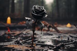Solitary Black Rose Standing in a Moody Forest photo