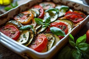 Freshly Baked Vegetable Ratatouille in a Ceramic Dish photo