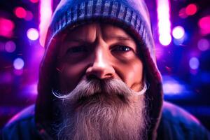 Portrait of a Bearded Man with Intense Gaze in Neon Lights photo