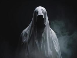 Mysterious figure shrouded in a ghostly white sheet against a dark background photo