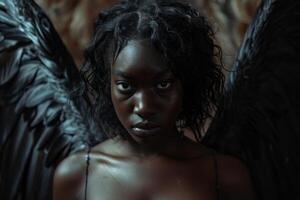 Mysterious woman with dark angel wings photo