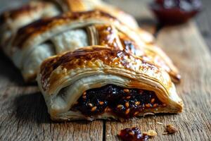 Freshly Baked Chocolate Croissant on a Wooden Table photo