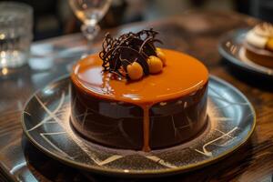 Elegant chocolate dessert on a stylish plate photo