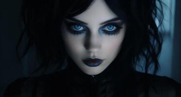 Mysterious woman with intense blue eyes photo