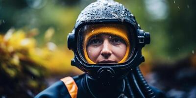 Focused individual wearing a helmet with a visor in the rain photo