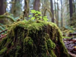 New Growth on an Old Tree Stump in a Misty Forest photo