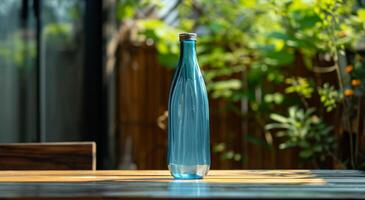 Glass water bottle on a wooden table with natural background photo