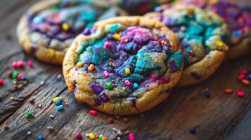 Colorful homemade cookies with sprinkles on a wooden table photo