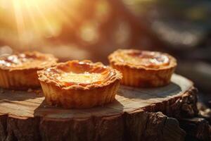 Freshly Baked Pies on a Wooden Stump with Sunlight photo