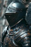 Medieval knight in ornate armor standing against a textured background photo