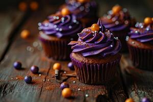 Purple Frosted Cupcakes on Rustic Wooden Table photo