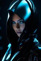 Mysterious woman in futuristic hooded attire photo