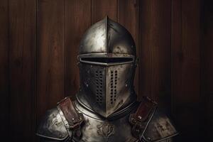 Medieval knight in armor against a wooden background photo