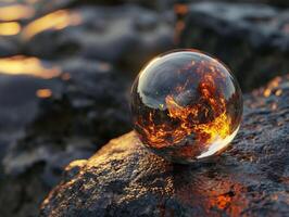 Crystal ball reflecting the fiery colors of sunset on rocky surface photo