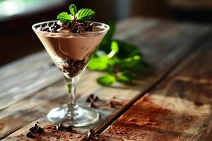 Gourmet Chocolate Mousse with Fresh Mint Garnish photo