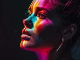 Womans Face Illuminated with Colorful Lights photo