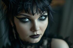 Mysterious gothic woman with intense gaze photo