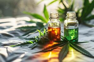 Essential oils with cannabis leaves on natural background photo