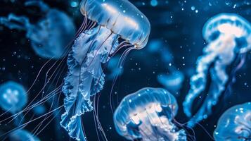 Jellyfish Swimming Gracefully in Deep Blue Sea photo