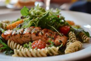 Healthy grilled salmon with pasta and salad on a plate photo
