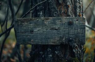 Old wooden signboard on a tree in a forest photo
