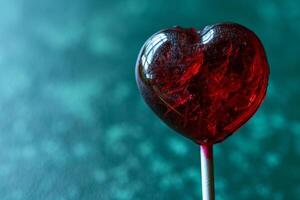 Red heart shaped lollipop on a turquoise background photo