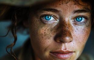 Close up Portrait of a Woman with Striking Blue Eyes photo