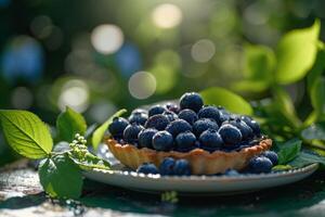 Fresh blueberry tart on a rustic outdoor table photo