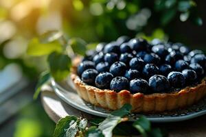 Fresh Blueberry Tart on a Sunny Table photo